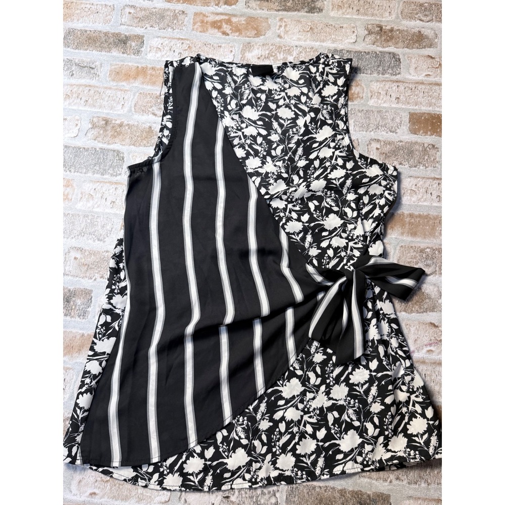Bobeau Womens Small Black White Floral Striped Faux Wrap Sleeveless Tie Side Top